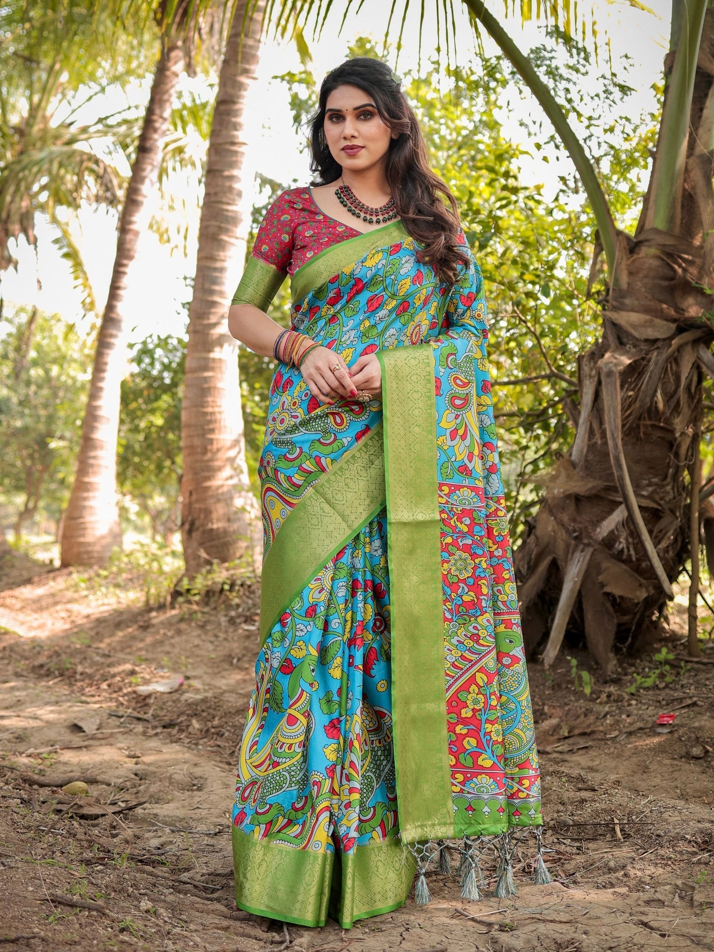 Deep Sky Blue & Green Floral Printed Cotton Silk Saree