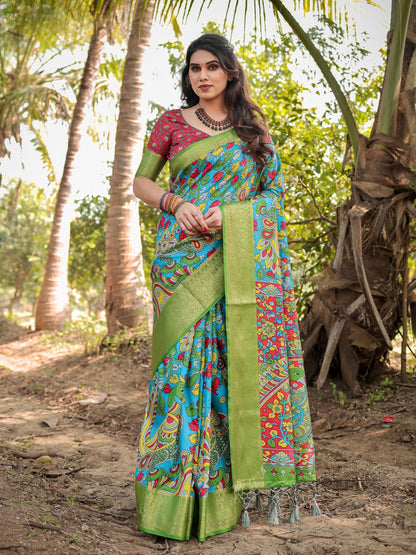 Deep Sky Blue & Green Floral Printed Cotton Silk Saree