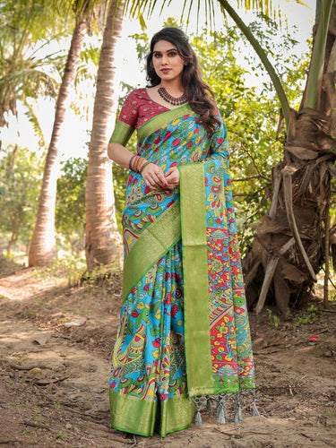 Deep Sky Blue & Green Floral Printed Cotton Silk Saree