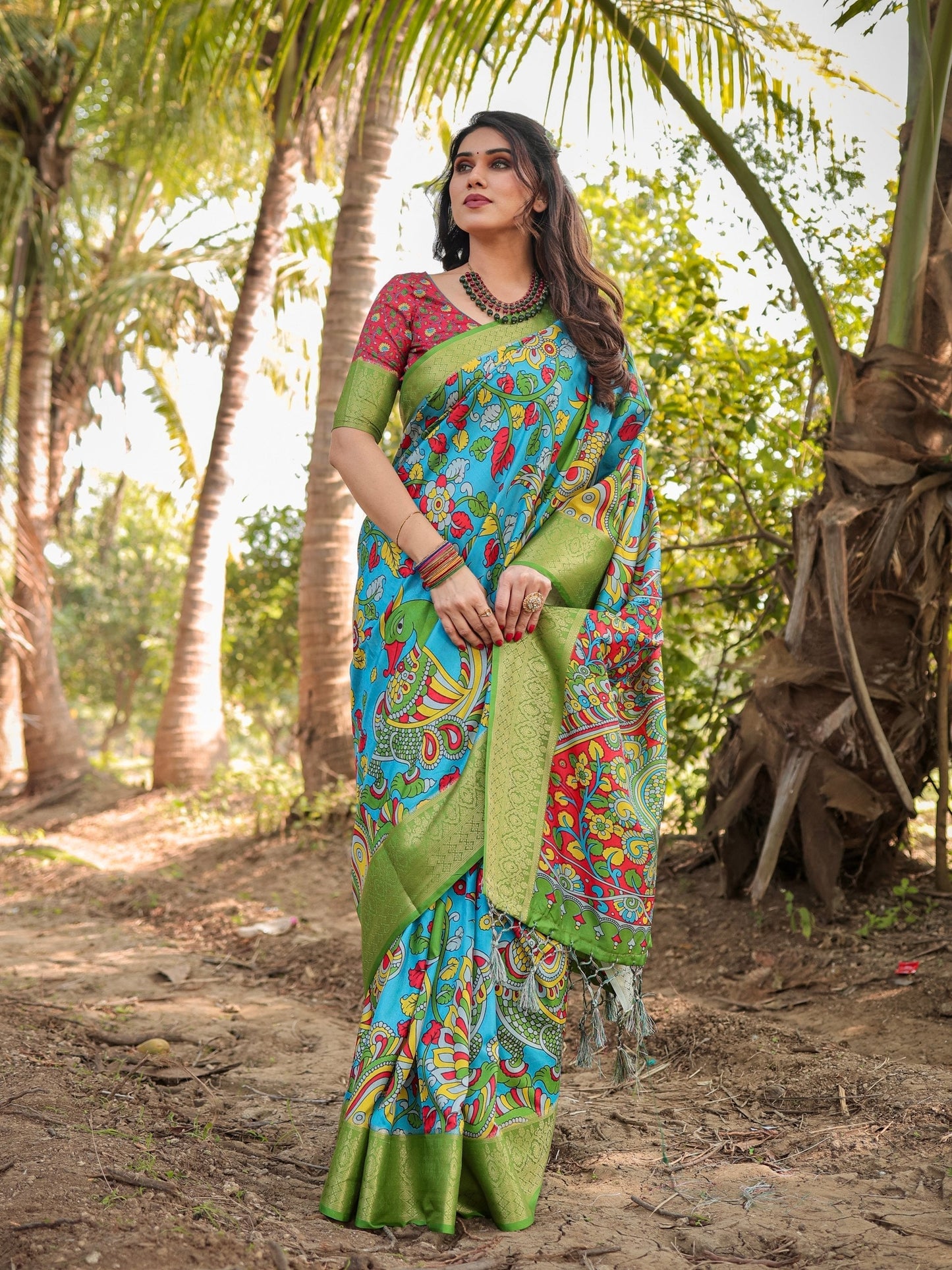 Deep Sky Blue & Green Floral Printed Cotton Silk Saree