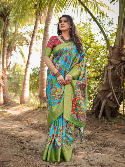 Deep Sky Blue & Green Floral Printed Cotton Silk Saree