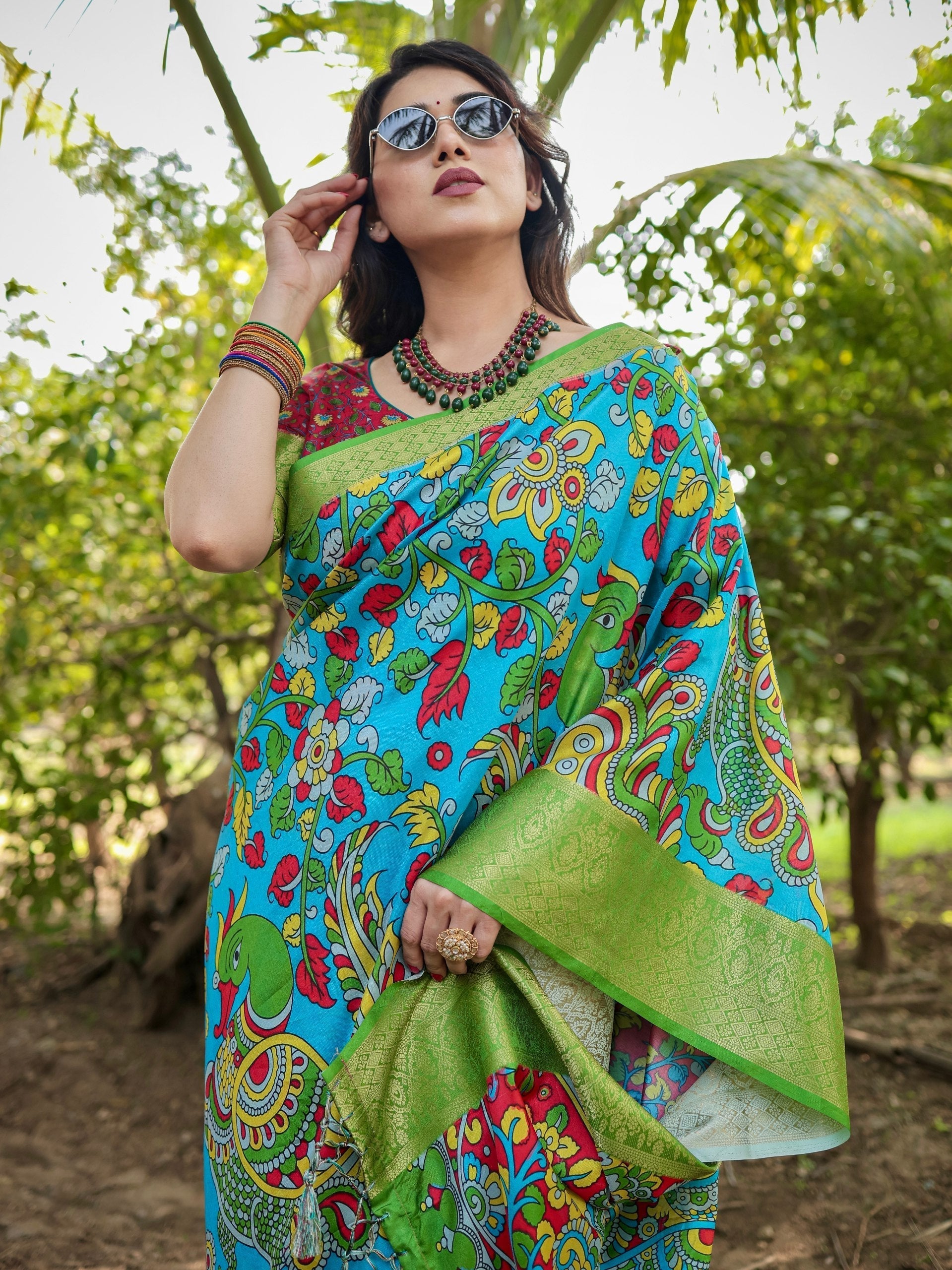 Deep Sky Blue & Green Floral Printed Cotton Silk Saree