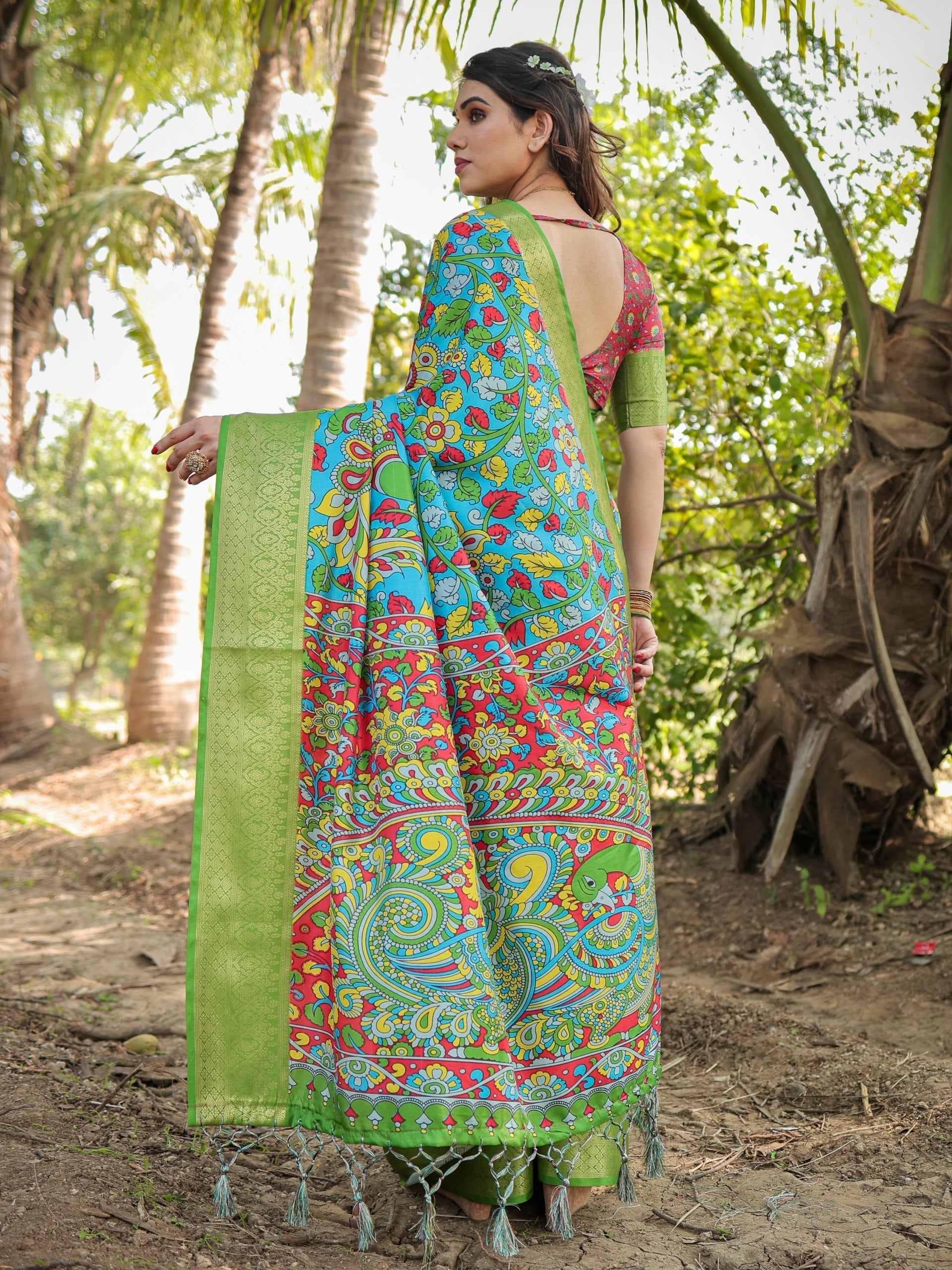 Deep Sky Blue & Green Floral Printed Cotton Silk Saree