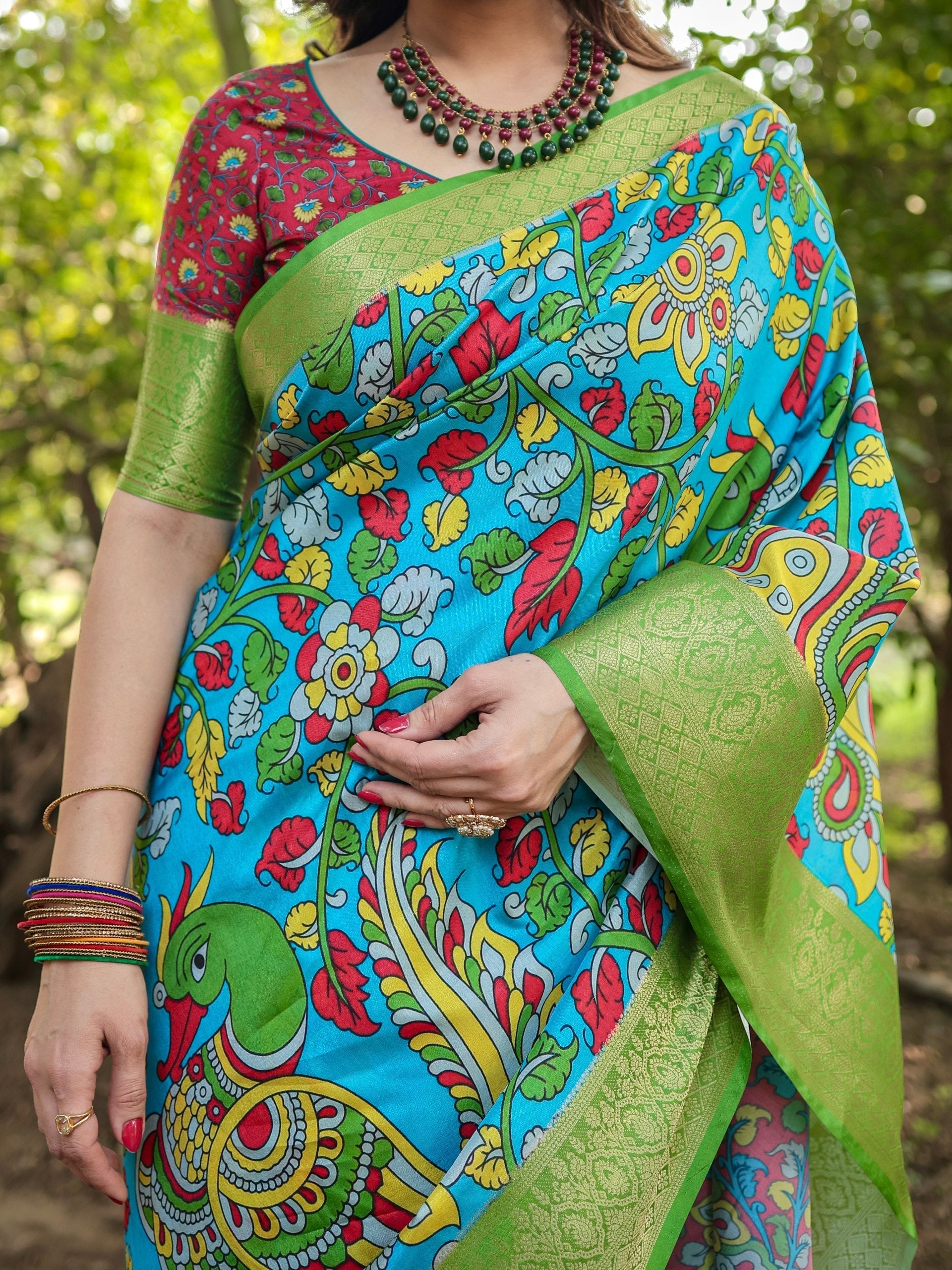 Deep Sky Blue & Green Floral Printed Cotton Silk Saree