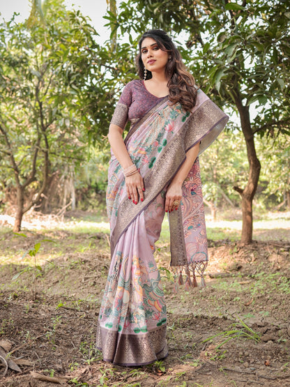 Peach Blush Floral Printed Cotton Silk Saree