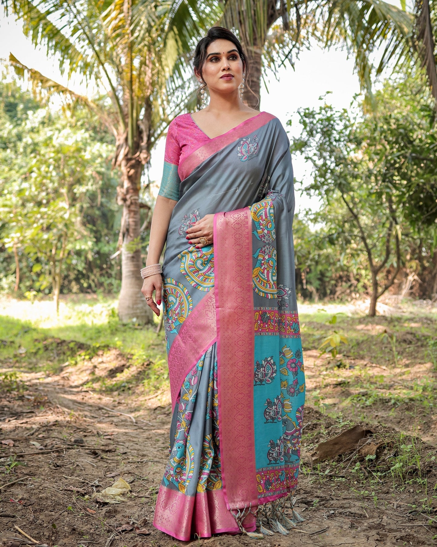 Steel Grey Floral Printed Cotton Silk Saree