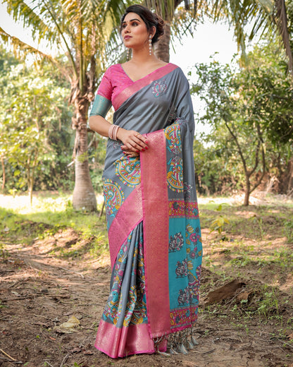 Steel Grey Floral Printed Cotton Silk Saree