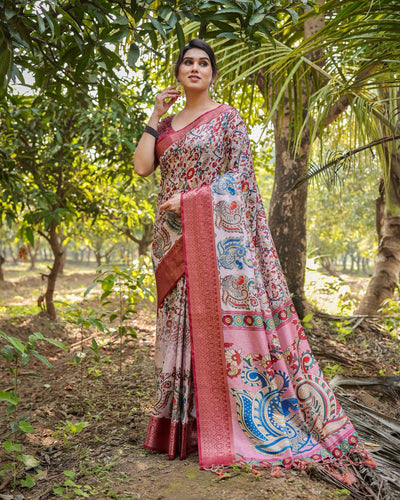 Pale Pink Floral Printed Cotton Silk Saree