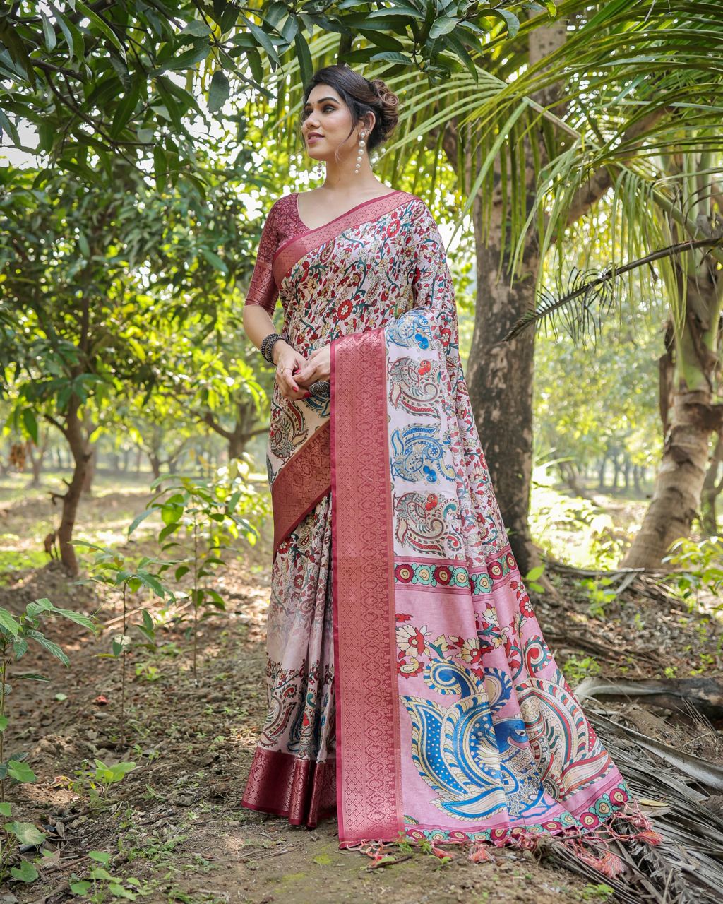 Pale Pink Floral Printed Cotton Silk Saree