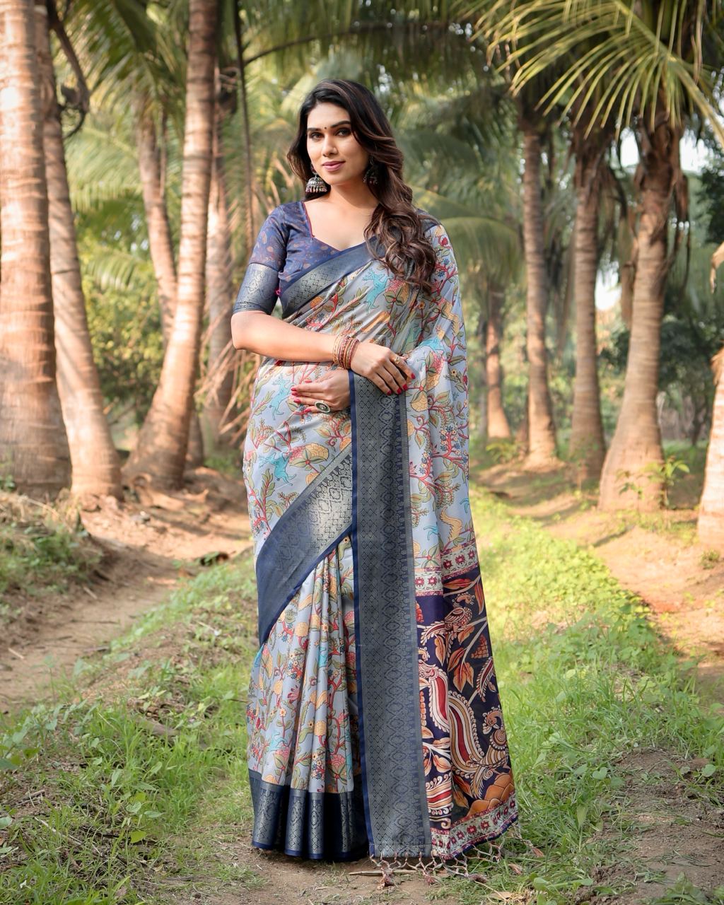 Light Grey & Blue Floral Printed Cotton Silk Saree