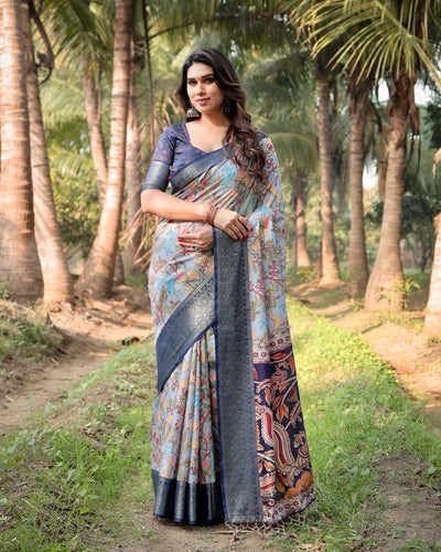 Light Grey & Blue Floral Printed Cotton Silk Saree