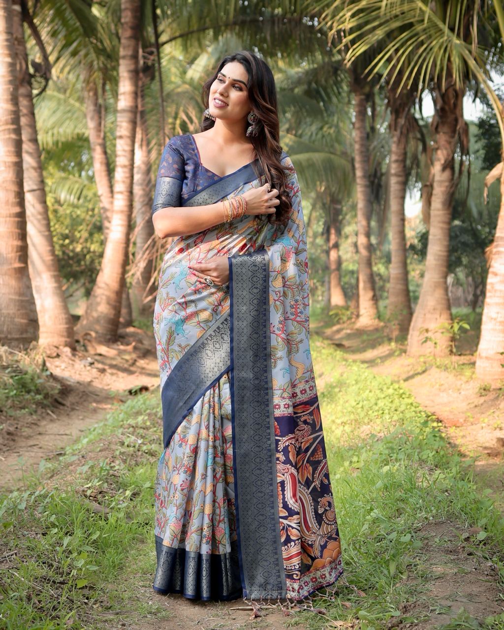 Light Grey & Blue Floral Printed Cotton Silk Saree