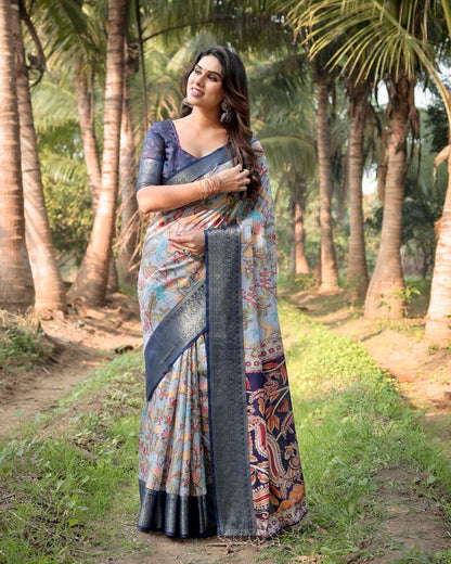 Light Grey & Blue Floral Printed Cotton Silk Saree