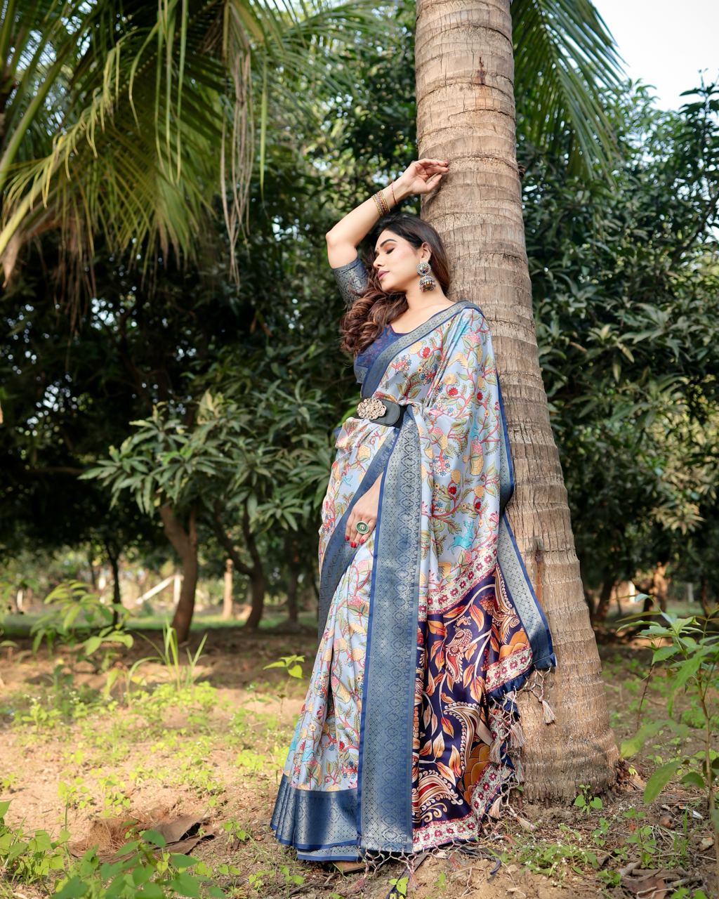 Light Grey & Blue Floral Printed Cotton Silk Saree