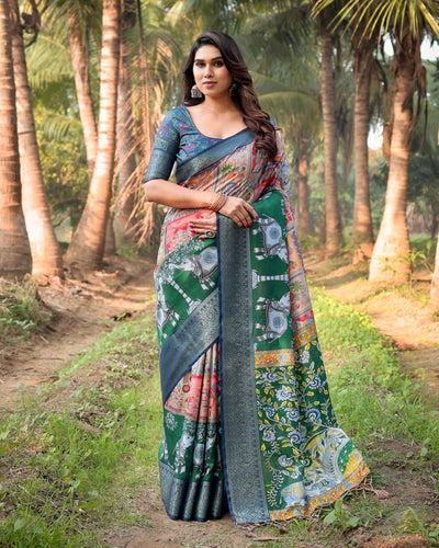 Dark Green Floral Printed Cotton Silk Saree