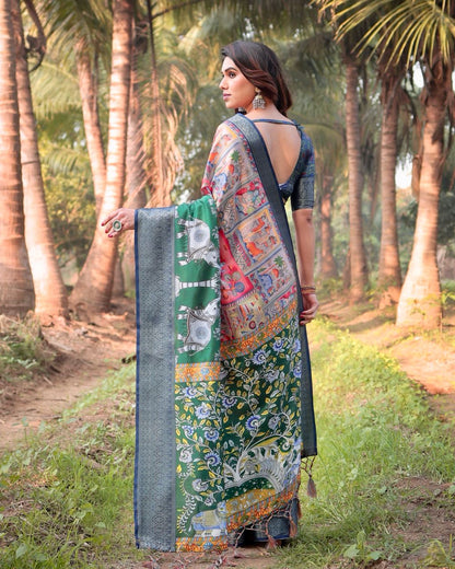 Dark Green Floral Printed Cotton Silk Saree