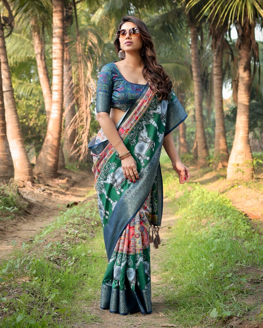 Dark Green Floral Printed Cotton Silk Saree