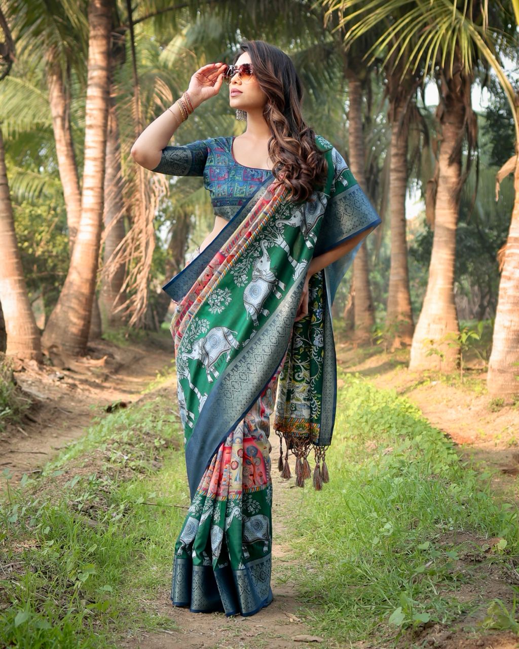 Dark Green Floral Printed Cotton Silk Saree