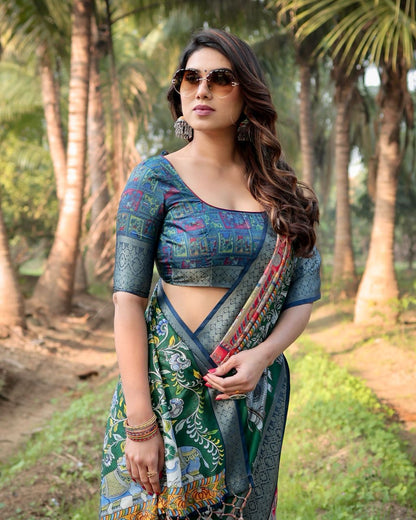 Dark Green Floral Printed Cotton Silk Saree