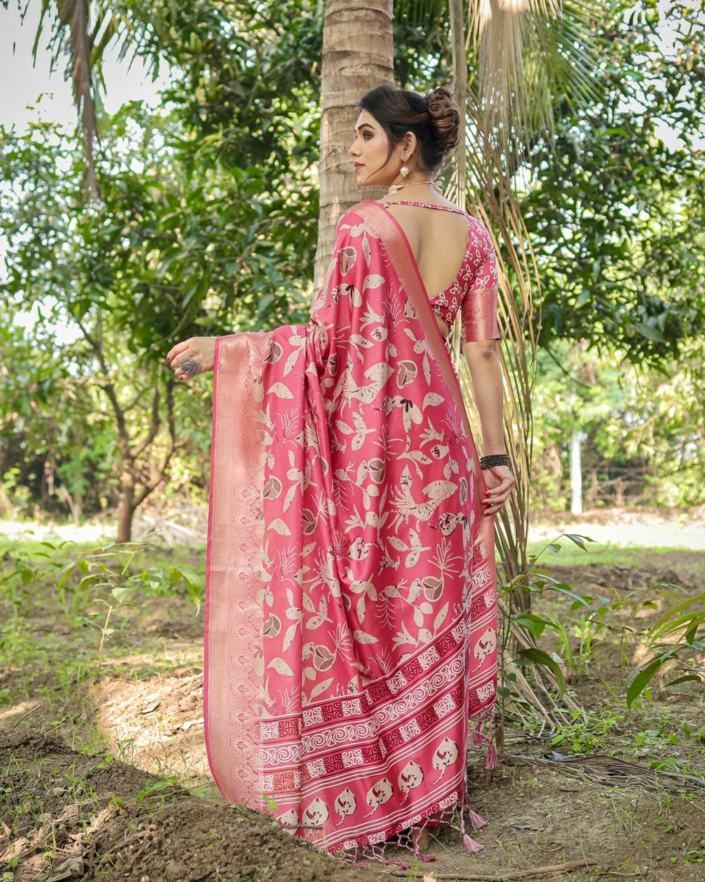 Amaranth Red Floral Printed Cotton Silk Saree