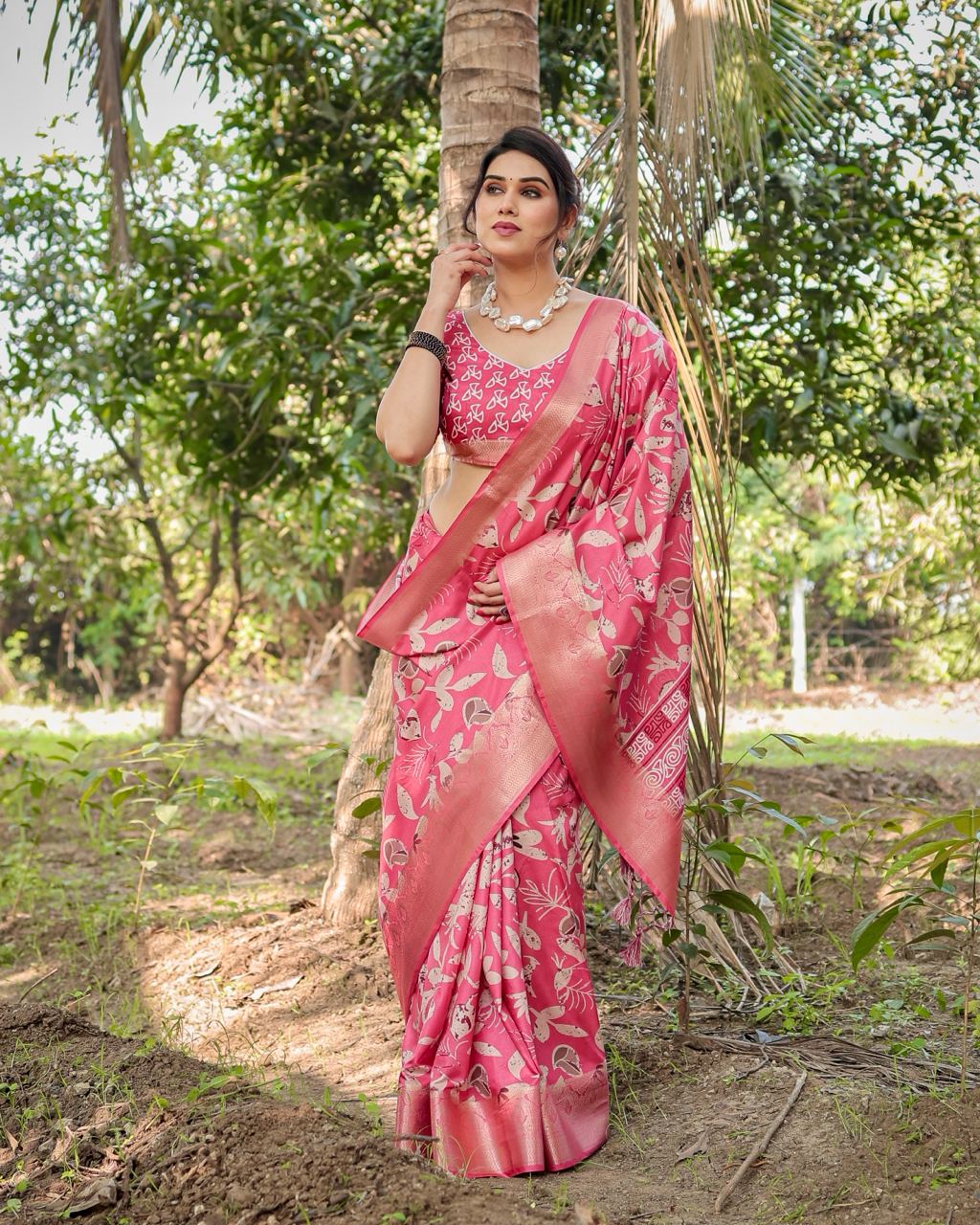 Amaranth Red Floral Printed Cotton Silk Saree