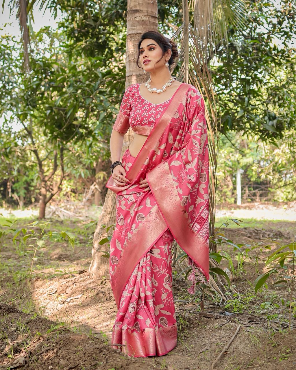 Amaranth Red Floral Printed Cotton Silk Saree