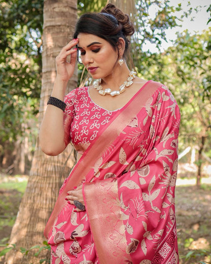 Amaranth Red Floral Printed Cotton Silk Saree