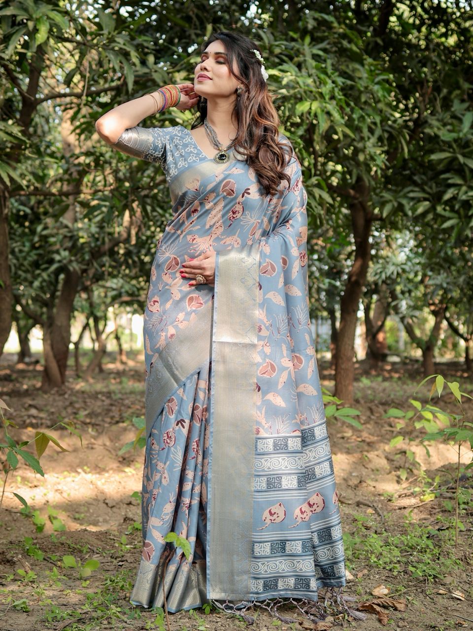 Dark Grey Floral Printed Cotton Silk Saree
