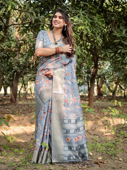 Dark Grey Floral Printed Cotton Silk Saree