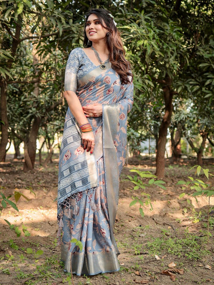 Dark Grey Floral Printed Cotton Silk Saree