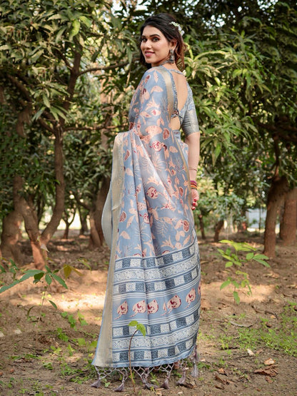 Dark Grey Floral Printed Cotton Silk Saree