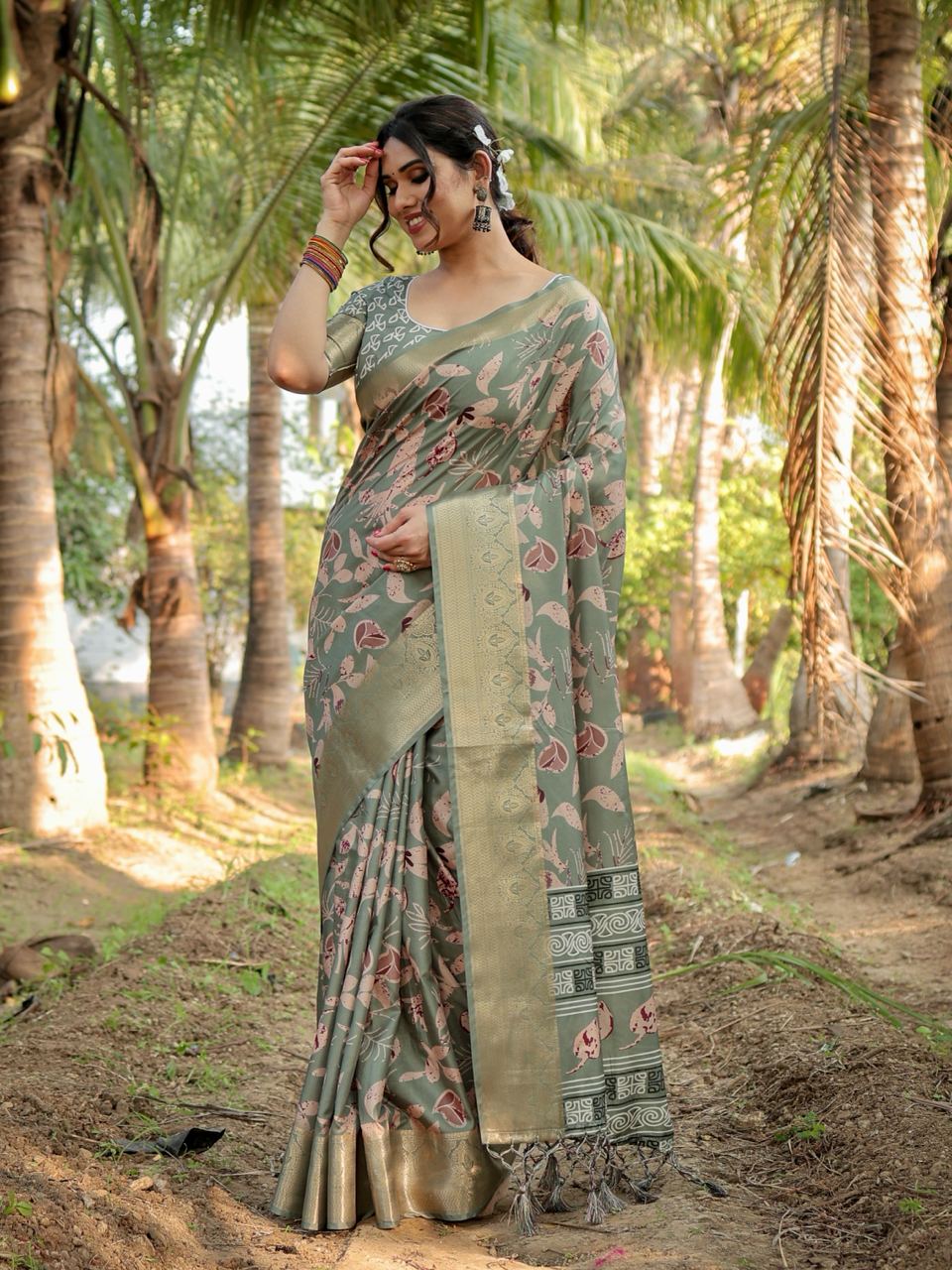 Sage Green Floral Printed Cotton Silk Saree