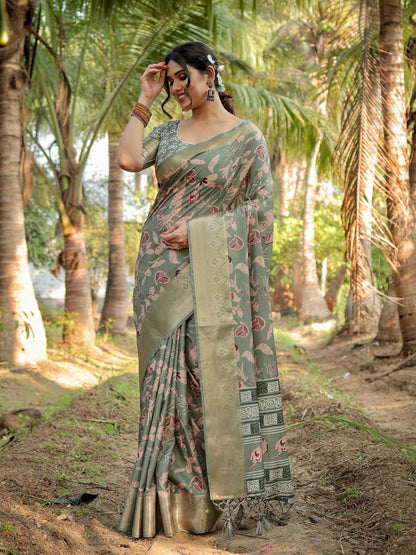 Sage Green Floral Printed Cotton Silk Saree