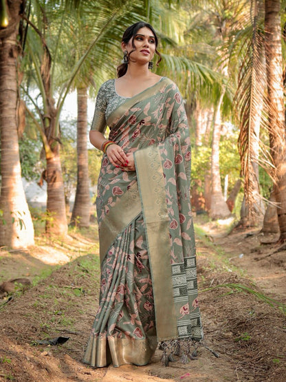 Sage Green Floral Printed Cotton Silk Saree