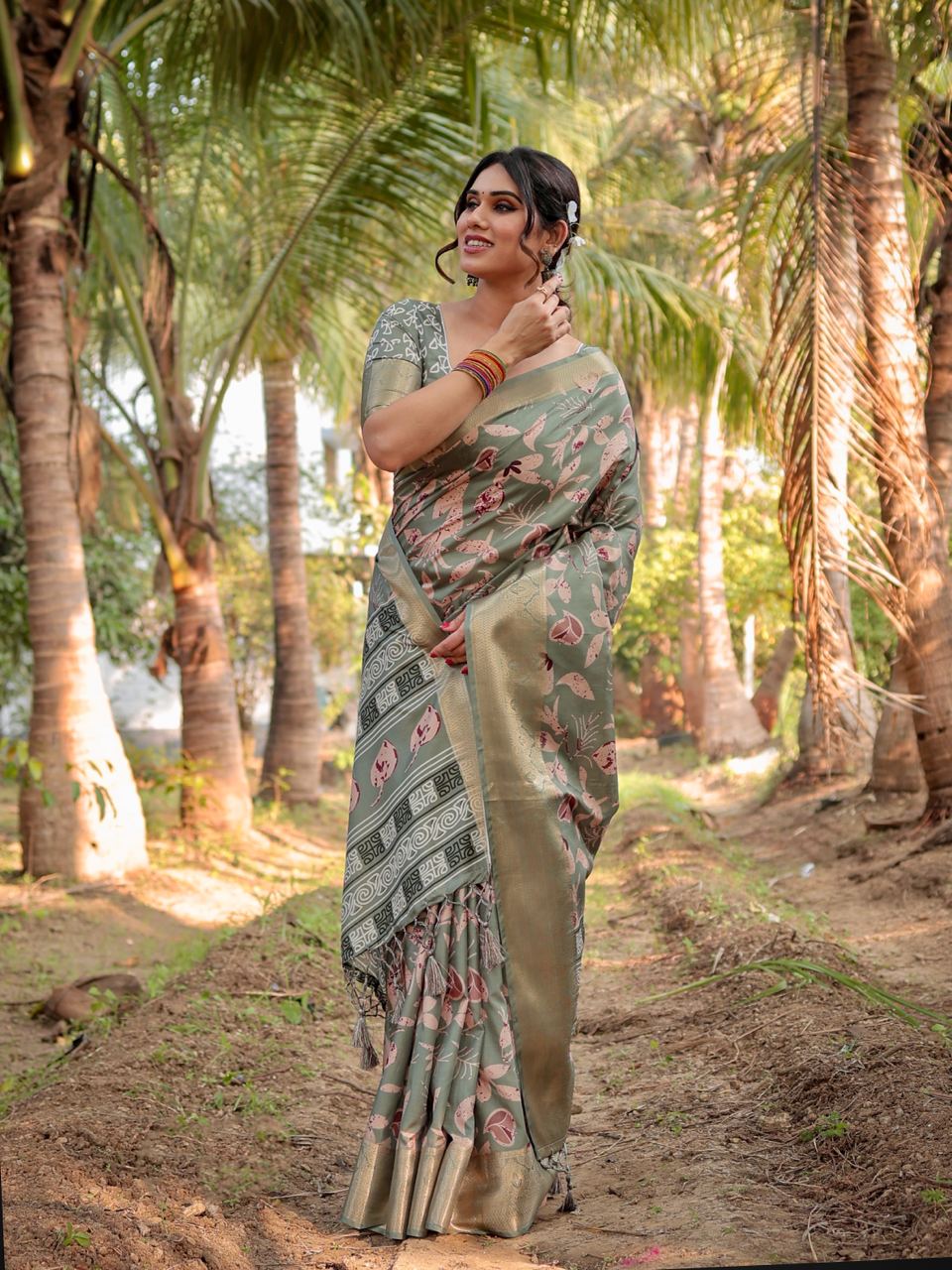 Sage Green Floral Printed Cotton Silk Saree