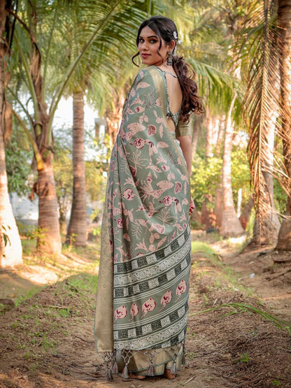 Sage Green Floral Printed Cotton Silk Saree