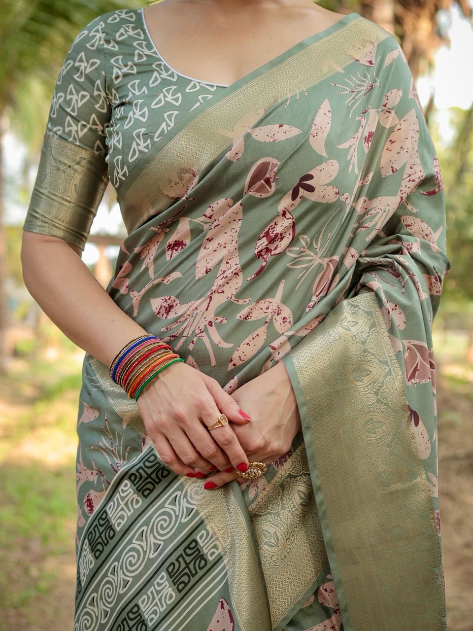 Sage Green Floral Printed Cotton Silk Saree