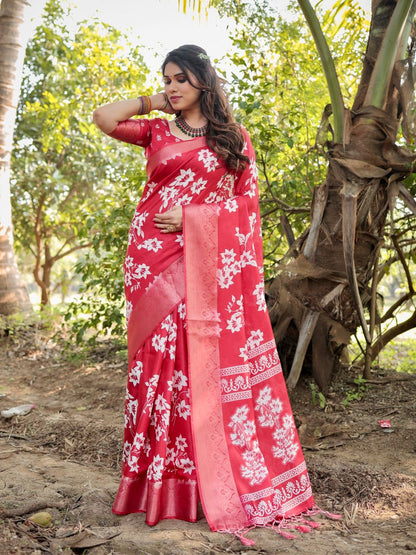 Crimson Red Floral Printed Cotton Silk Saree