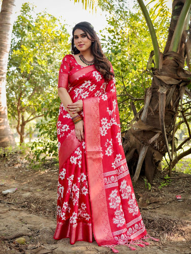 Crimson Red Floral Printed Cotton Silk Saree