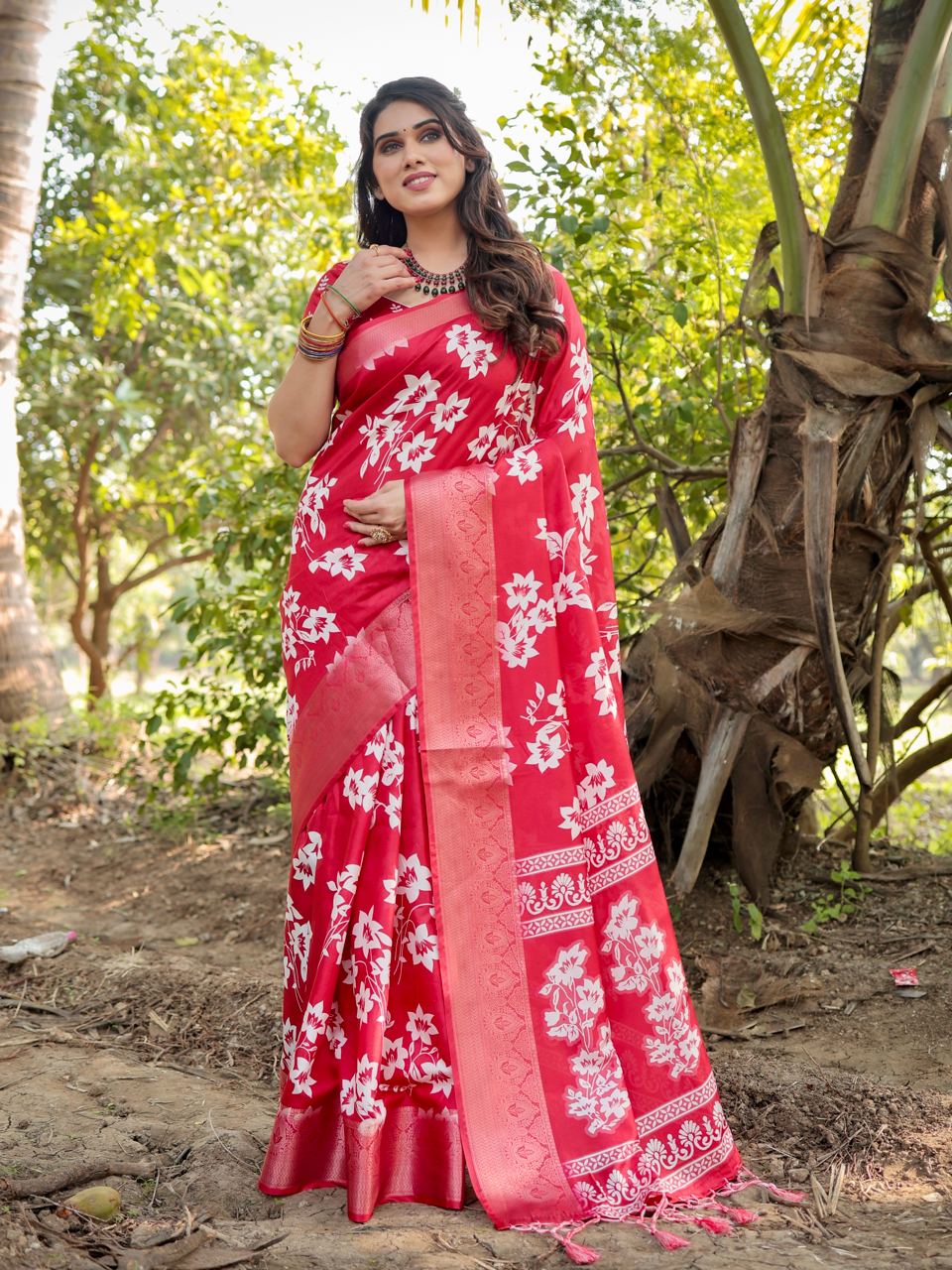 Crimson Red Floral Printed Cotton Silk Saree