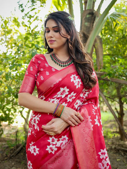 Crimson Red Floral Printed Cotton Silk Saree