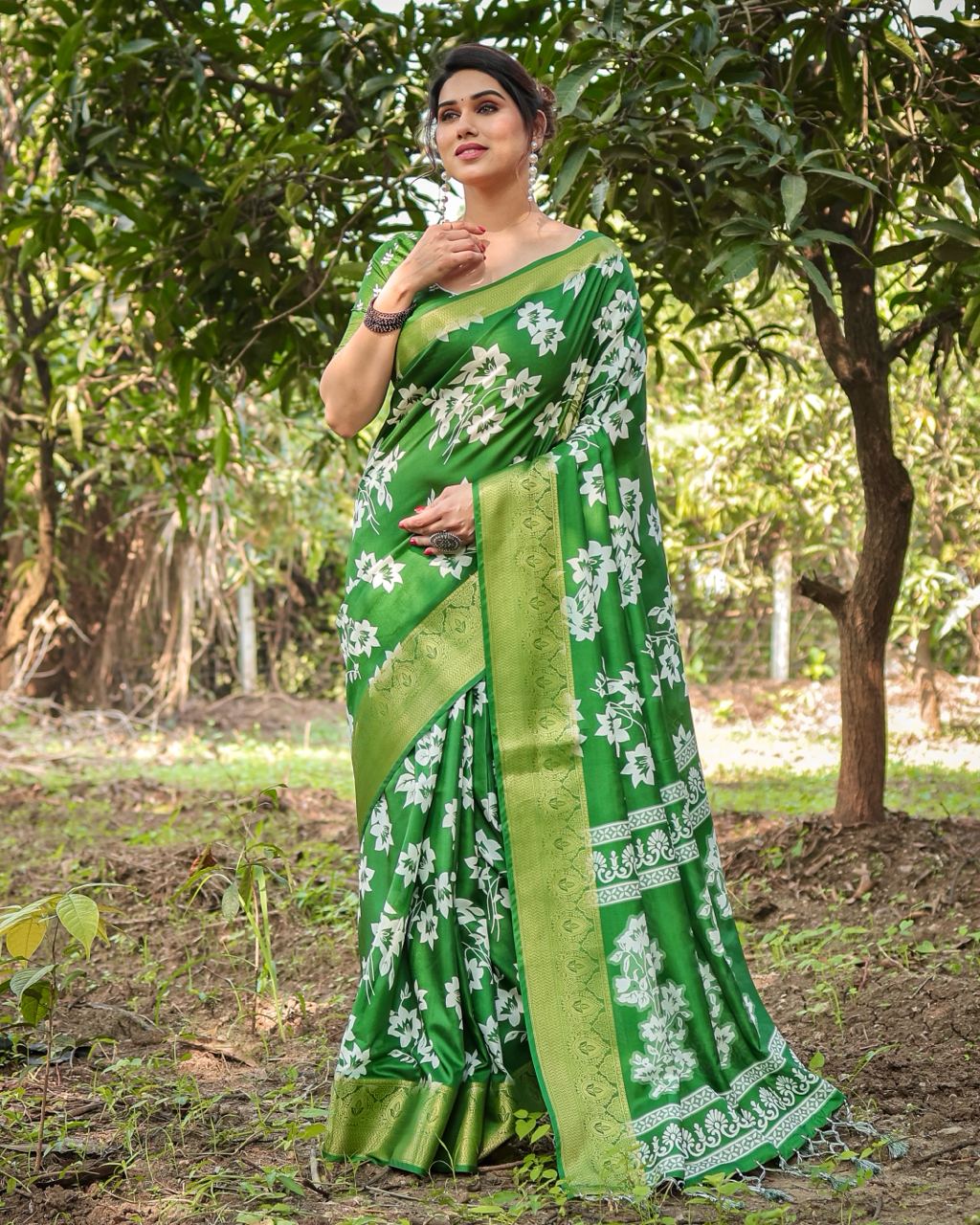 Kelly Green Floral Printed Cotton Silk Saree