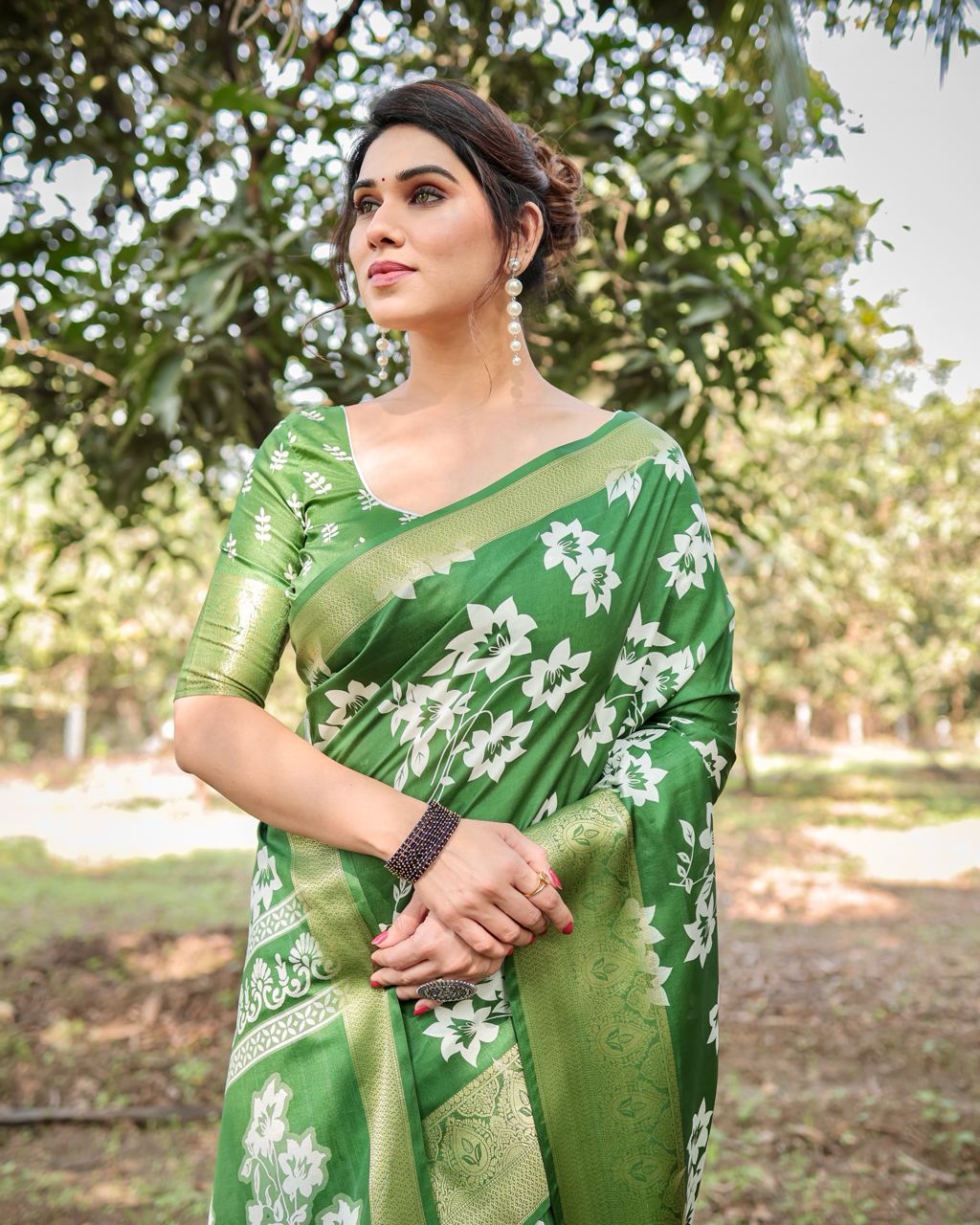 Kelly Green Floral Printed Cotton Silk Saree
