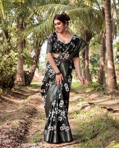Black Floral Printed Cotton Silk Saree