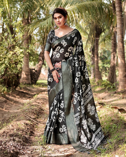 Black Floral Printed Cotton Silk Saree