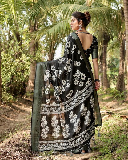 Black Floral Printed Cotton Silk Saree
