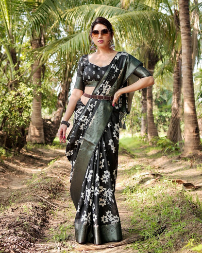 Black Floral Printed Cotton Silk Saree