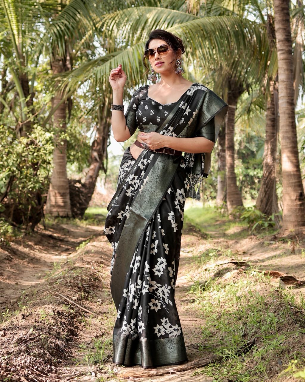 Black Floral Printed Cotton Silk Saree
