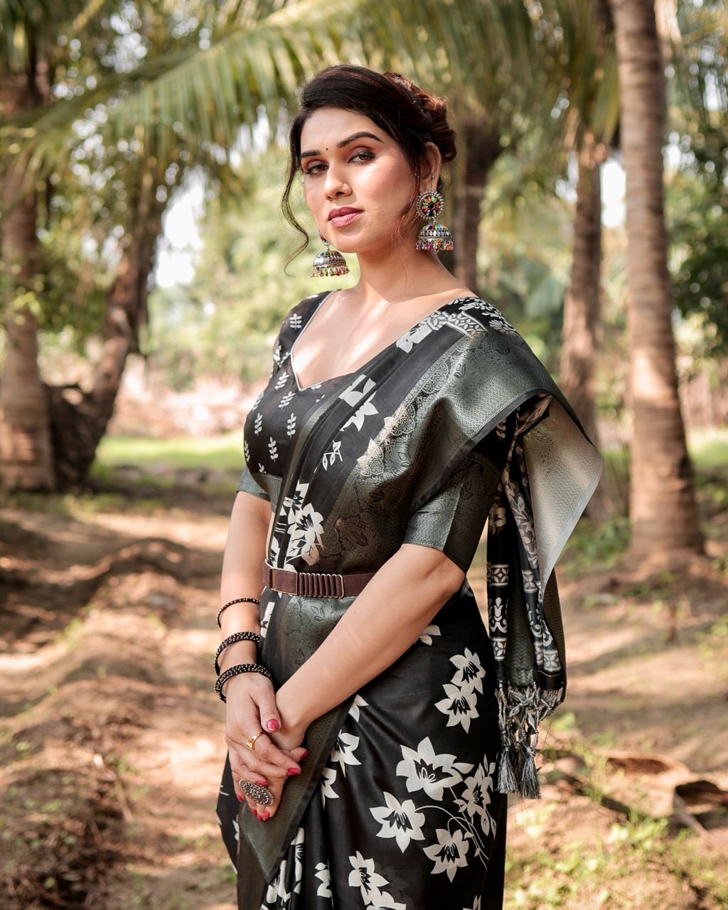 Black Floral Printed Cotton Silk Saree