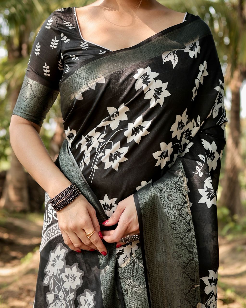 Black Floral Printed Cotton Silk Saree